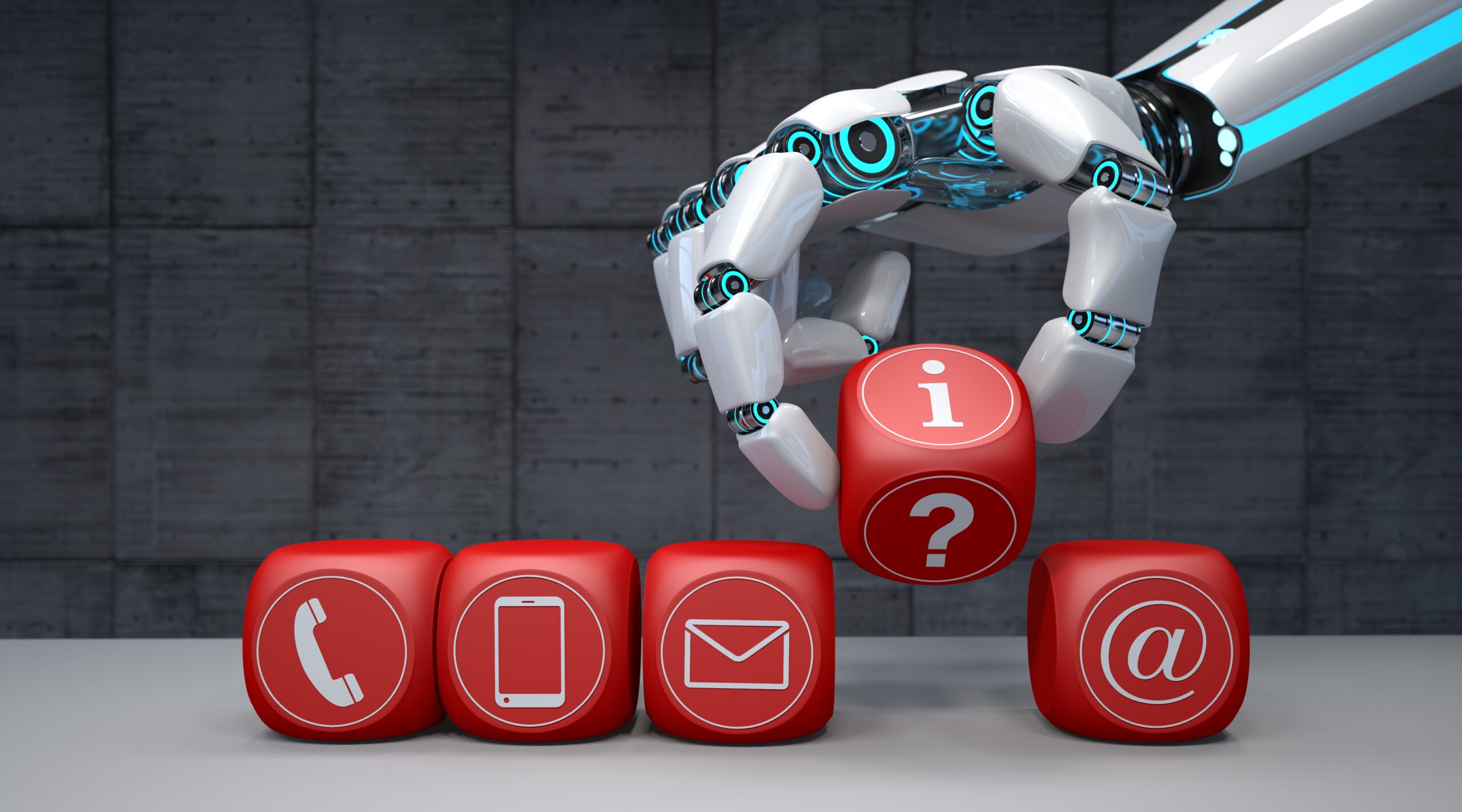 A robot arm with red cubes and contact icons placed on a table. 3d illustration.